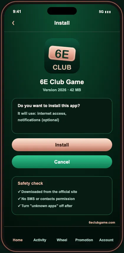 6E Club Game app install screen