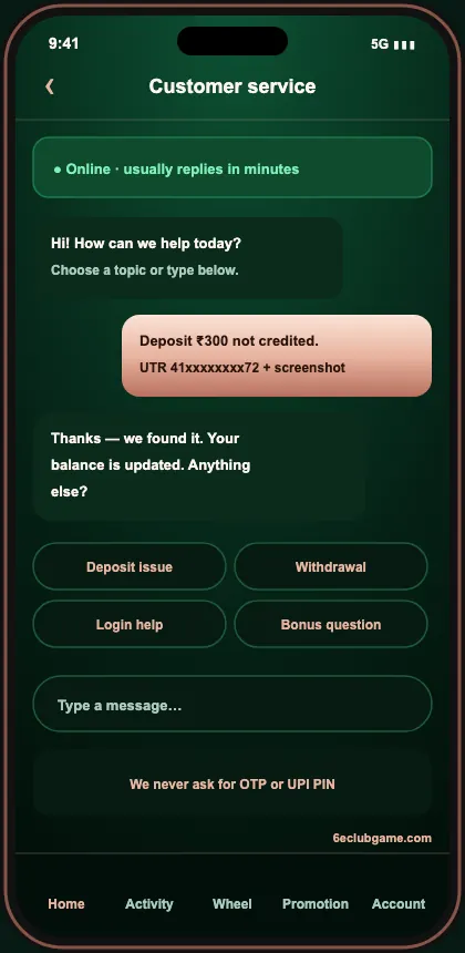 6E Club Game customer support chat